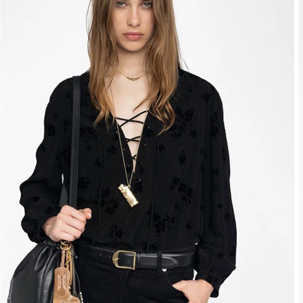 Zadig & Voltaire Tamala Black Floral Lace-Up V-Neck Women's top tunic size xxs - Picture 3 of 10